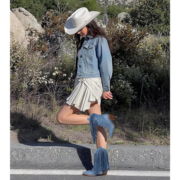 Women's Blue Cowgirl Rhinestone Boots With Sparkly Fringe Pointed Toe Wide Calf - Picture 4 of 9